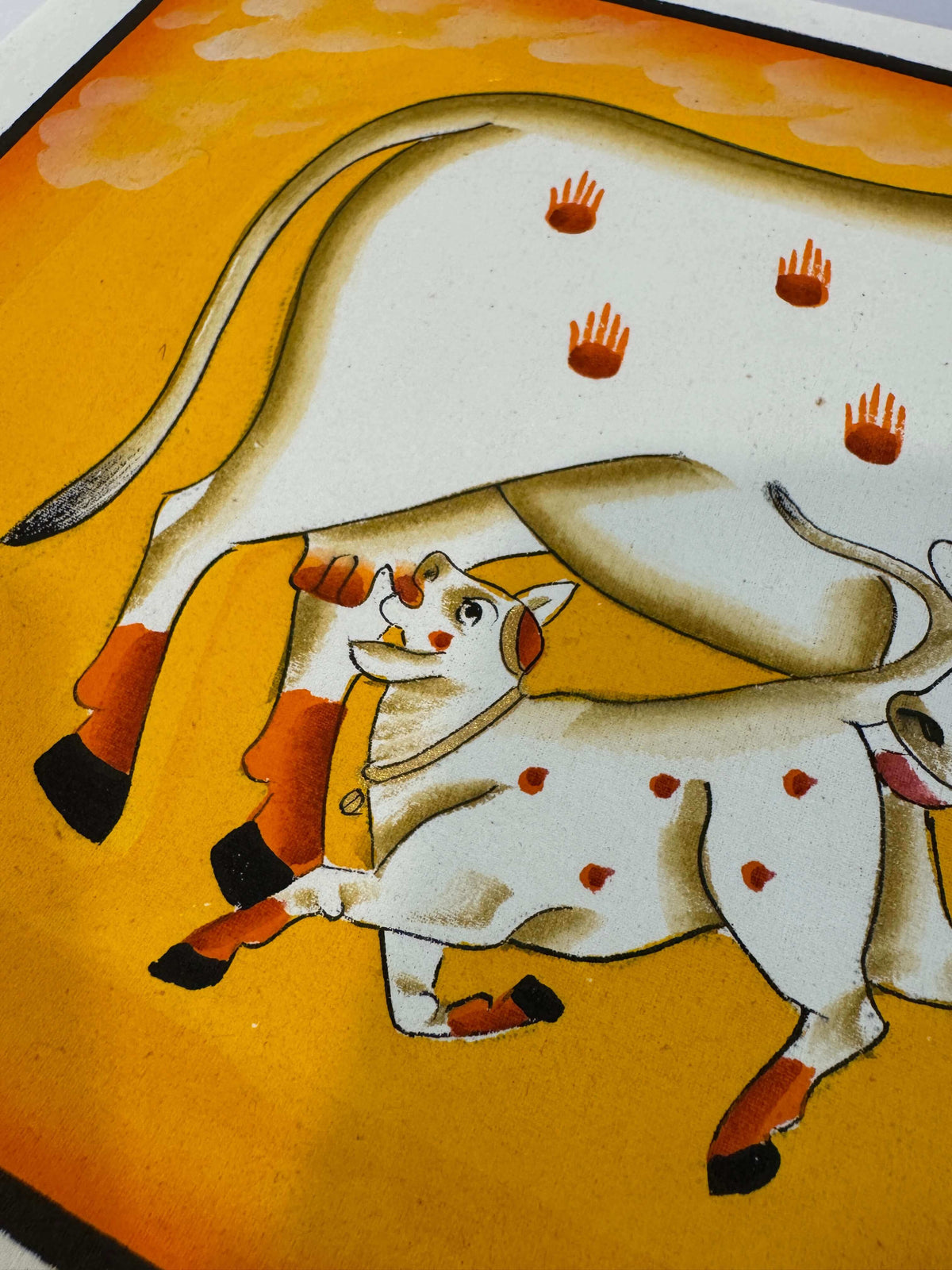 Hand-Painted Sacred Cow and Calf Original Pichwai Painting in Yellow — product view 4
