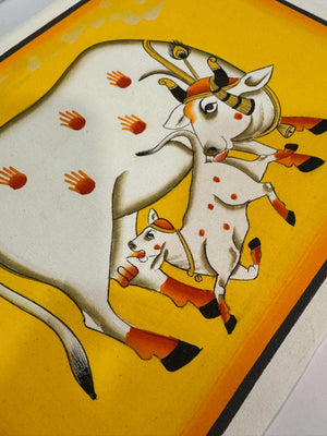 Hand-Painted Sacred Cow and Calf Original Pichwai Painting in Yellow — product view 6