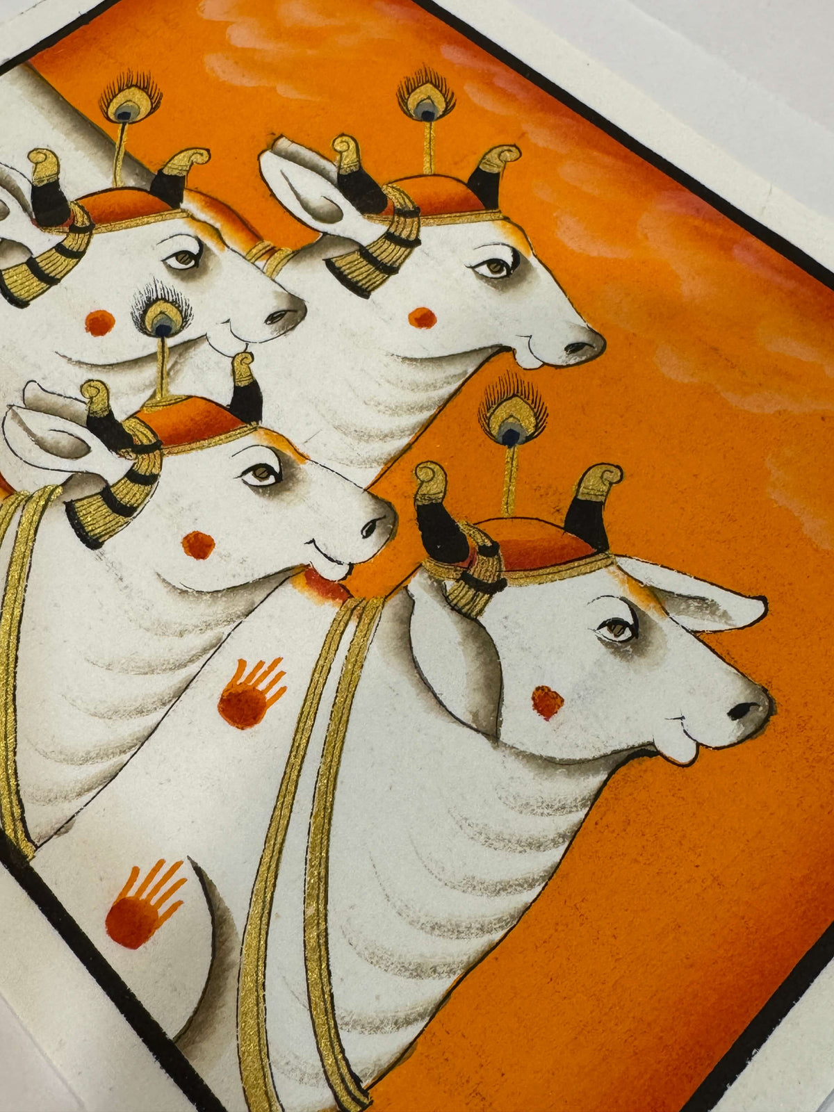 Sacred Cows Pichwai – Original Hand-Painted Artwork on Cotton Cloth | Orange Background — product view 3