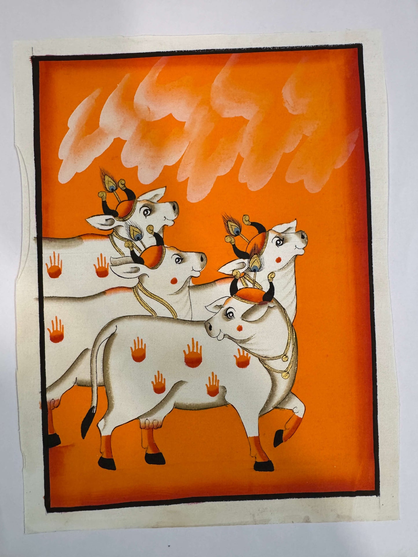 Sacred Cow Procession – Original Pichwai Painting on Cotton Cloth | Hand-Painted in Orange