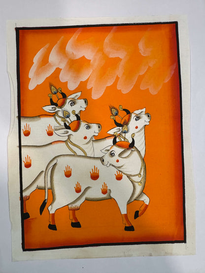 Sacred Cow Procession – Original Pichwai Painting on Cotton Cloth | Hand-Painted in Orange