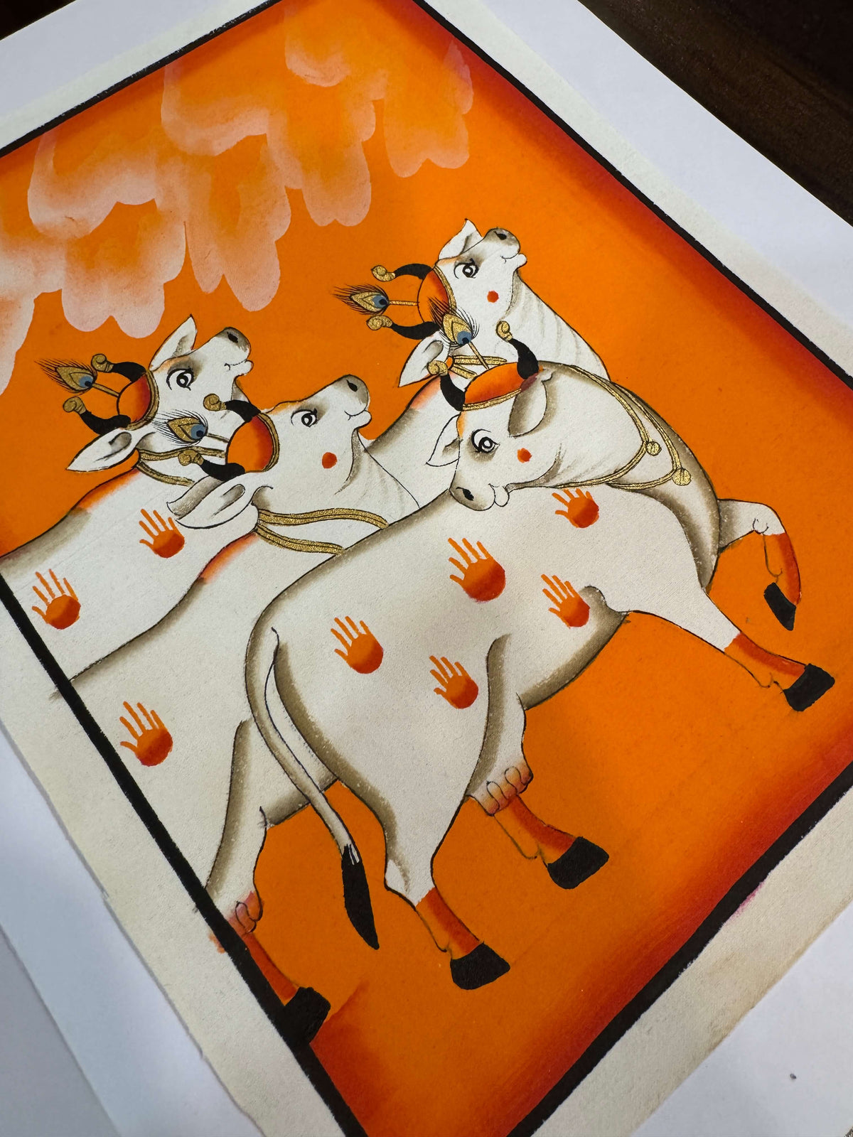 Sacred Cow Procession – Original Pichwai Painting on Cotton Cloth | Hand-Painted in Orange — product view 3