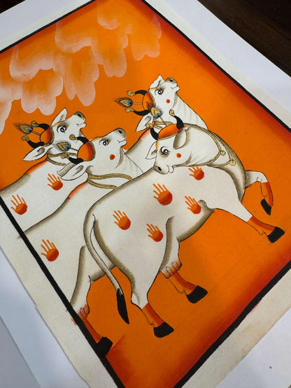 Sacred Cow Procession – Original Pichwai Painting on Cotton Cloth | Hand-Painted in Orange — product view 3