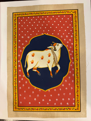 Kamadhenu in Temple Arch – Original Pichwai on Cotton Cloth | Red & Navy Floral Frame 8x12 inches — product view 2