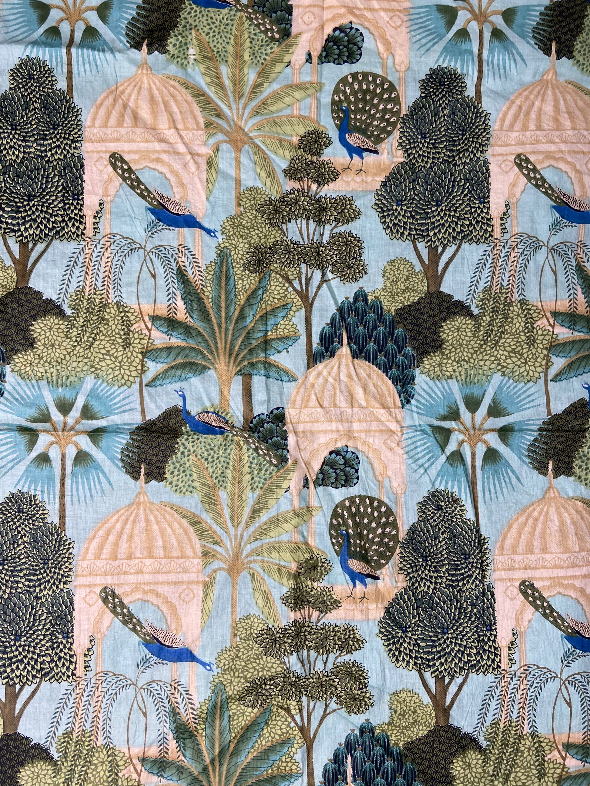 Blue Pichwai Mughal Garden Print Cotton Cloth - Nakhrro