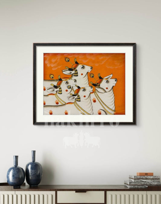 Sacred Cows Pichwai – Original Hand-Painted Artwork on Cotton Cloth | Orange Background