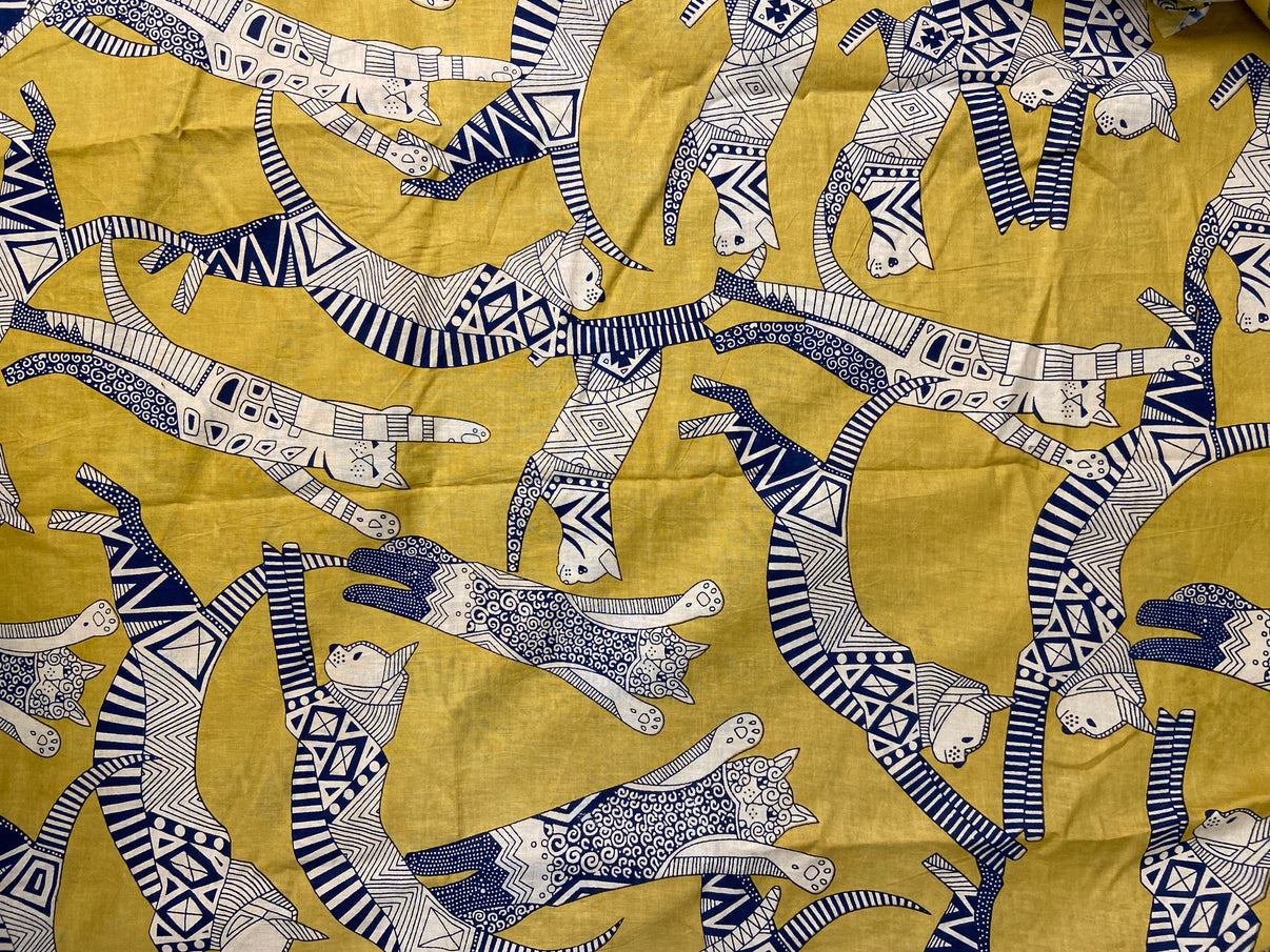 Flying Cats Mustard Yellow Print Cotton Cloth - Nakhrro