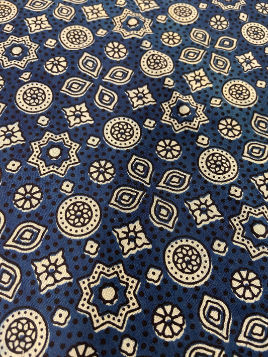 Blue Ajrakh Hand Block Printed Mulmul Cotton Cloth - Nakhrro