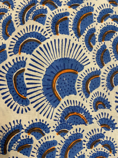 Blue Shell Hand Block Printed Mulmul Cotton Cloth - Nakhrro