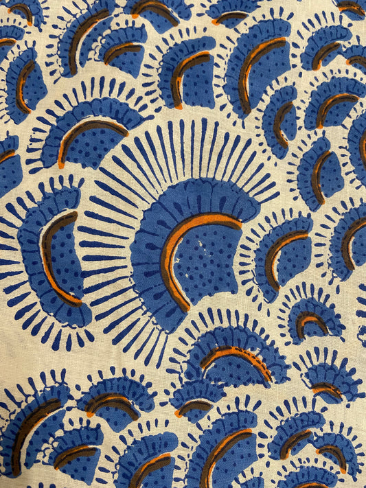 Blue Shell Hand Block Printed Mulmul Cotton Cloth - Nakhrro