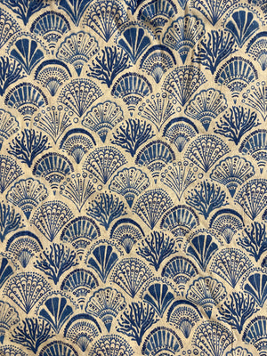 Sea Shells Blue White Hand Block Printed Mulmul Cotton Cloth - Nakhrro