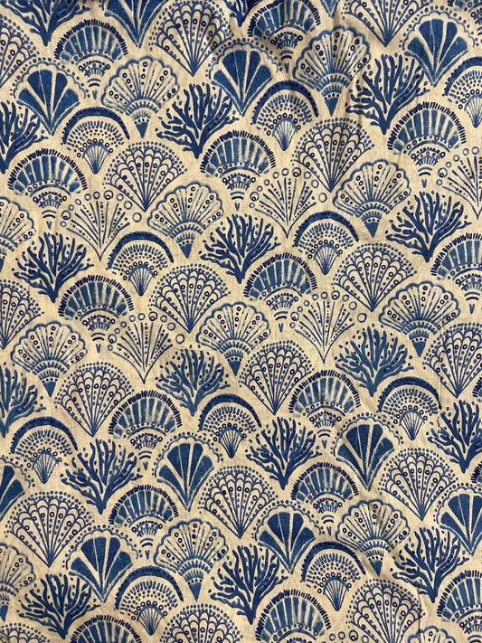 Sea Shells Blue White Hand Block Printed Mulmul Cotton Cloth - Nakhrro