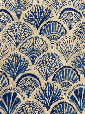 Sea Shells Blue White Hand Block Printed Mulmul Cotton Cloth - Nakhrro