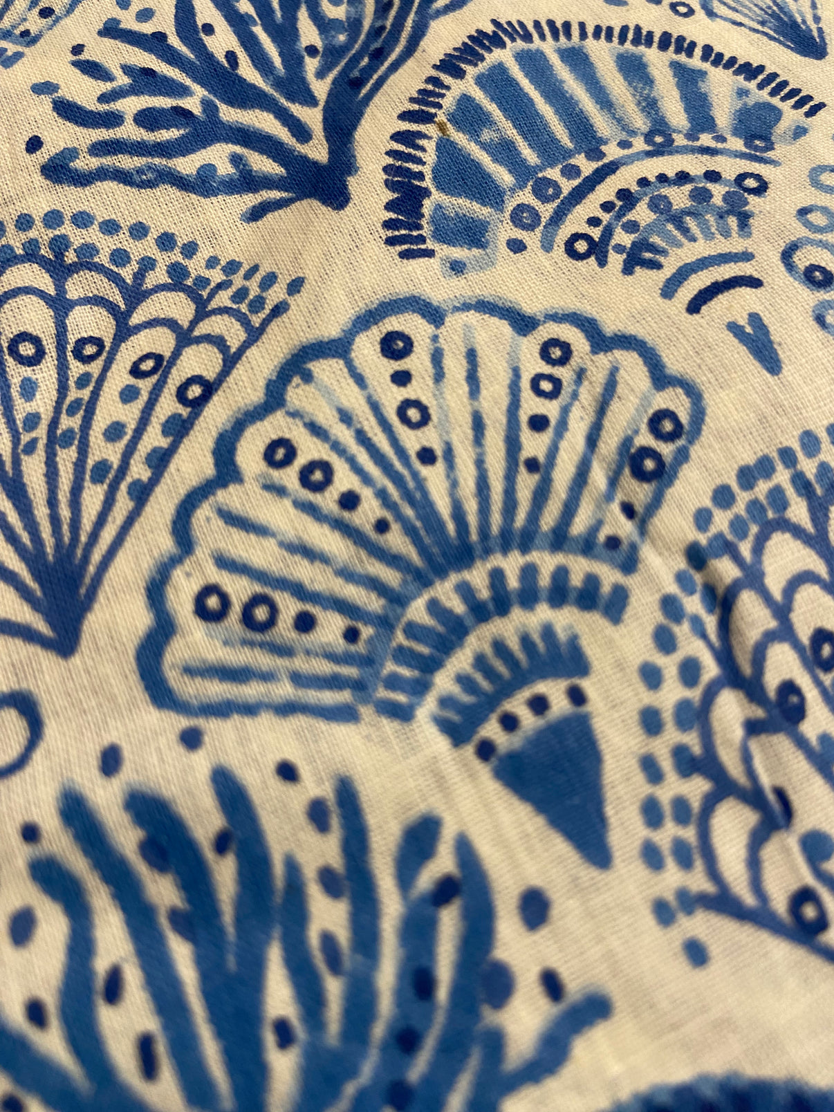 Sea Shells Blue White Hand Block Printed Mulmul Cotton Cloth - Nakhrro