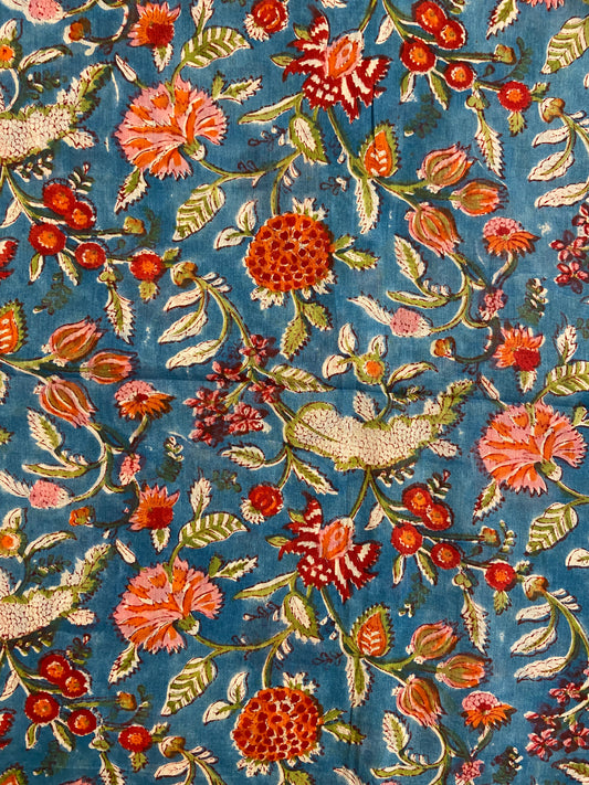 Blue Red Florals Hand Block Printed Mulmul Cotton Cloth - Nakhrro