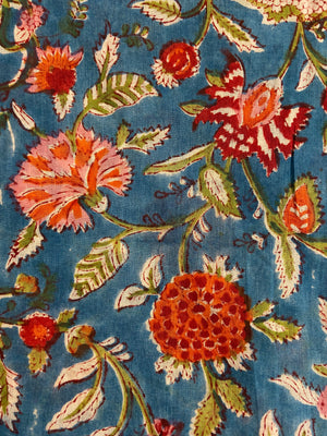 Blue Red Florals Hand Block Printed Mulmul Cotton Cloth - Nakhrro