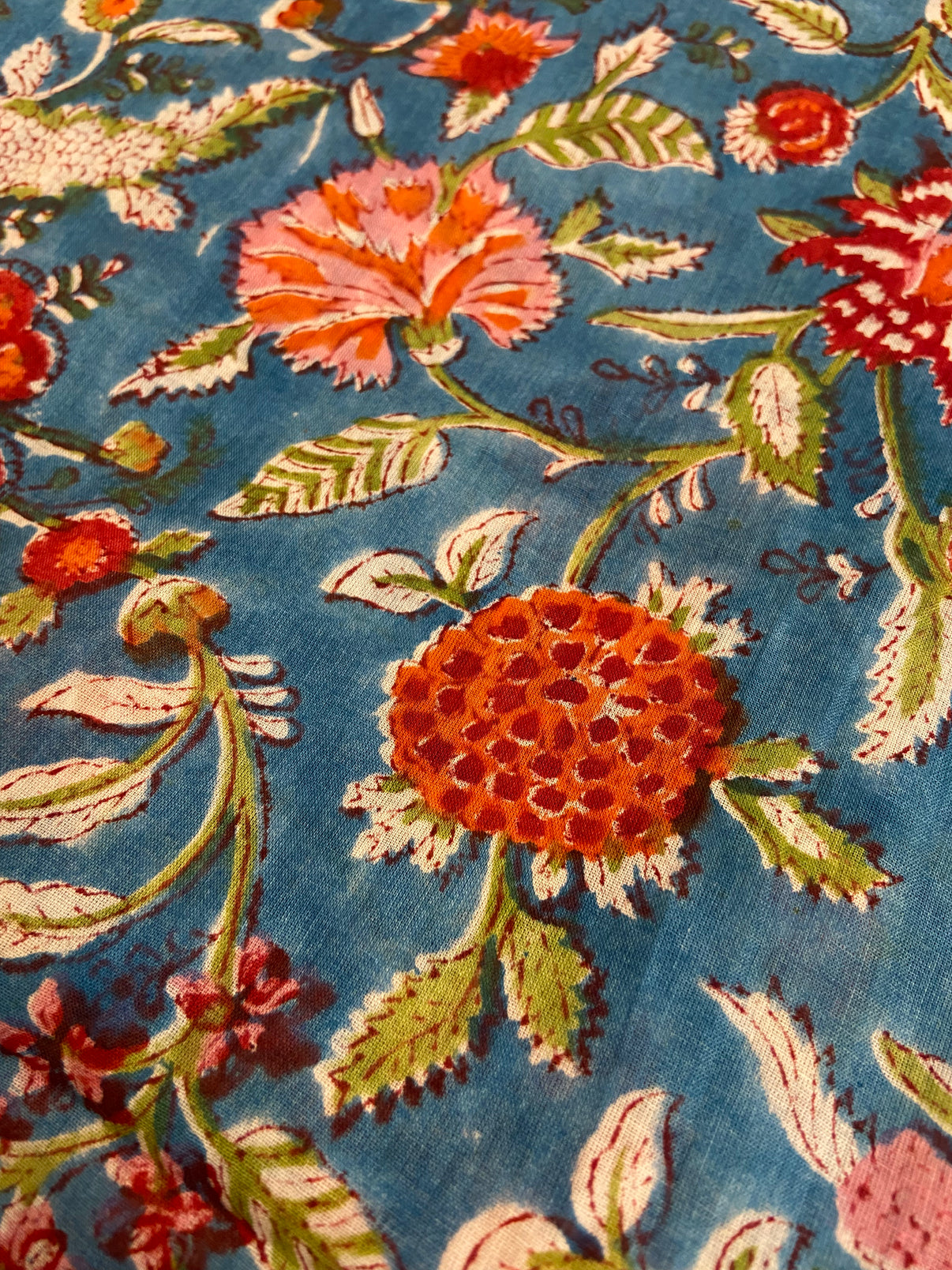 Blue Red Florals Hand Block Printed Mulmul Cotton Cloth - Nakhrro