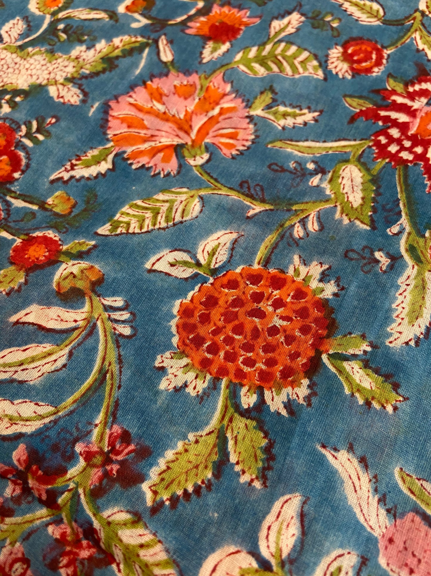 Blue Red Florals Hand Block Printed Mulmul Cotton Cloth - Nakhrro