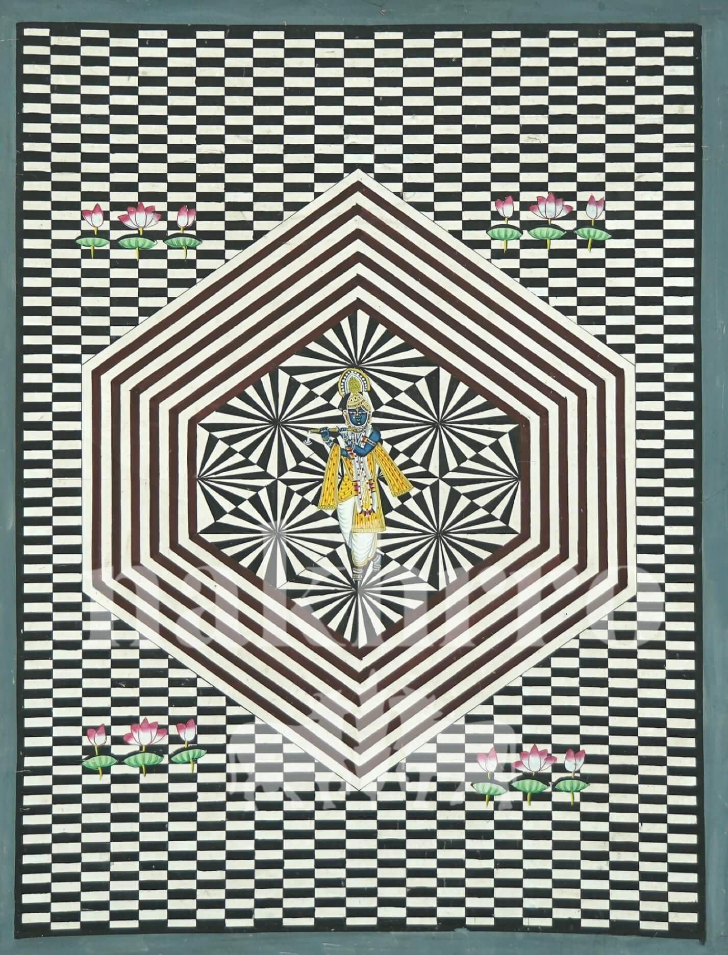 Geometric Shrinathji Pichwai – Hand-Painted Original Indian Art on Cotton Cloth | Sacred Lotus & Grid Design