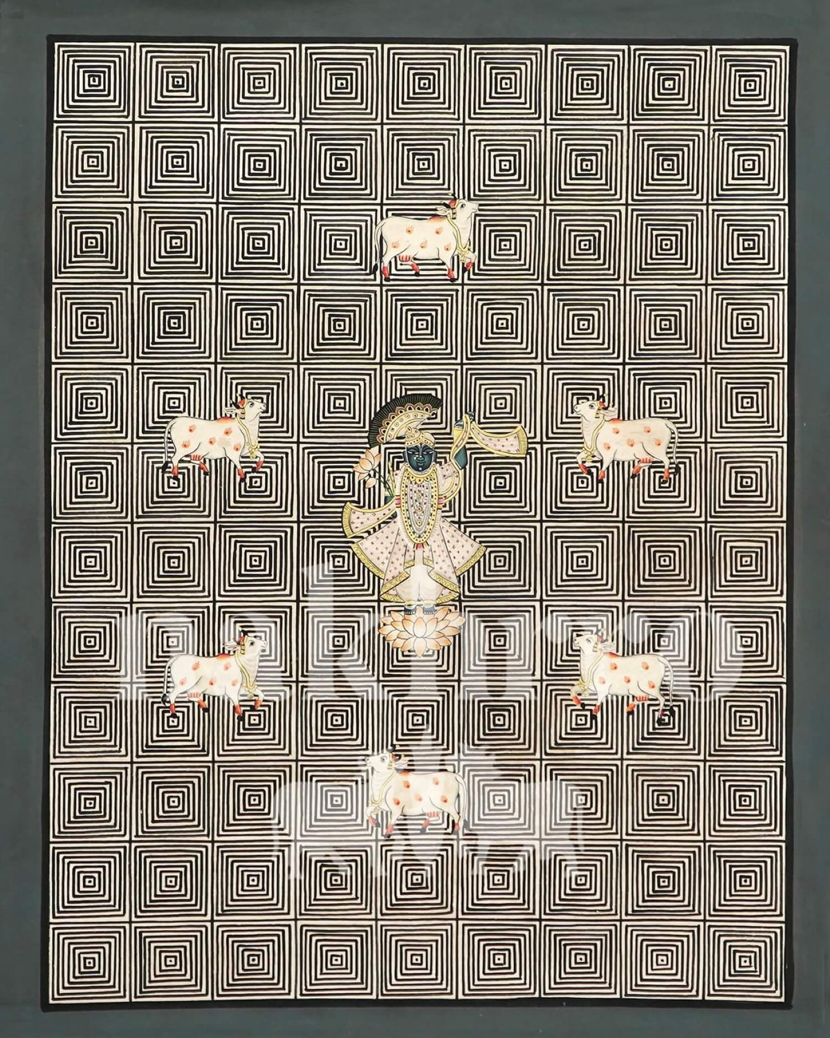 Original Shrinathji Pichwai – Hand-Painted on Cotton | Optical Grid with Cows - Nakhrro