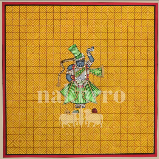 Original Shrinathji Pichwai – Hand-Painted on Cotton Cloth | Yellow Geometric Grid with Green Attire