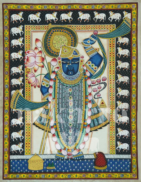 Original Shrinathji Pichwai – Hand-Painted on Cotton Cloth | Lotus, Cow Border & Ornamented Deity (1.5x2 ft)
