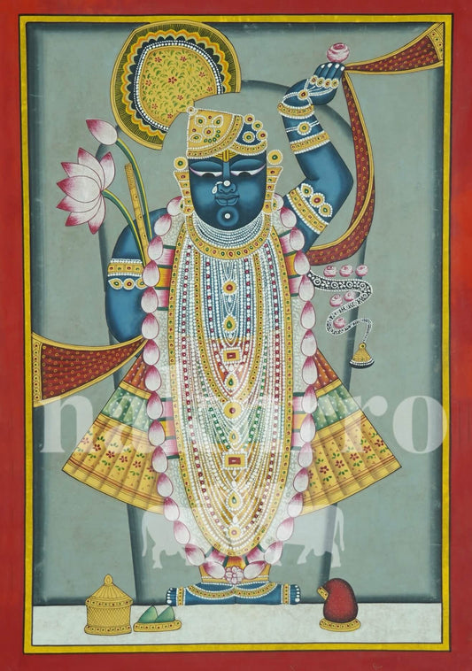 Original Shrinathji Pichwai – Hand-Painted on Cotton Cloth | Lotus Garland & Grey Background