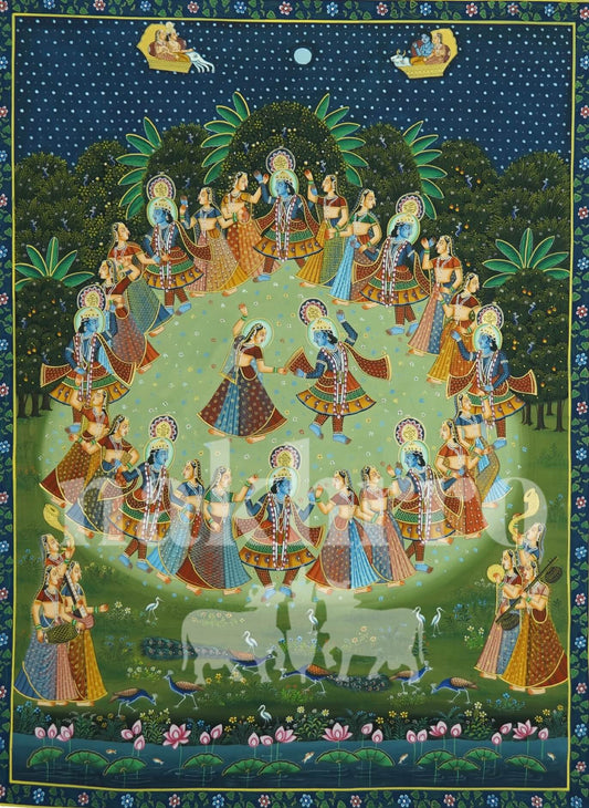 Original Raas Leela Painting – Hand-Painted on Cotton Cloth | Krishna with Gopis Under Moonlit Sky