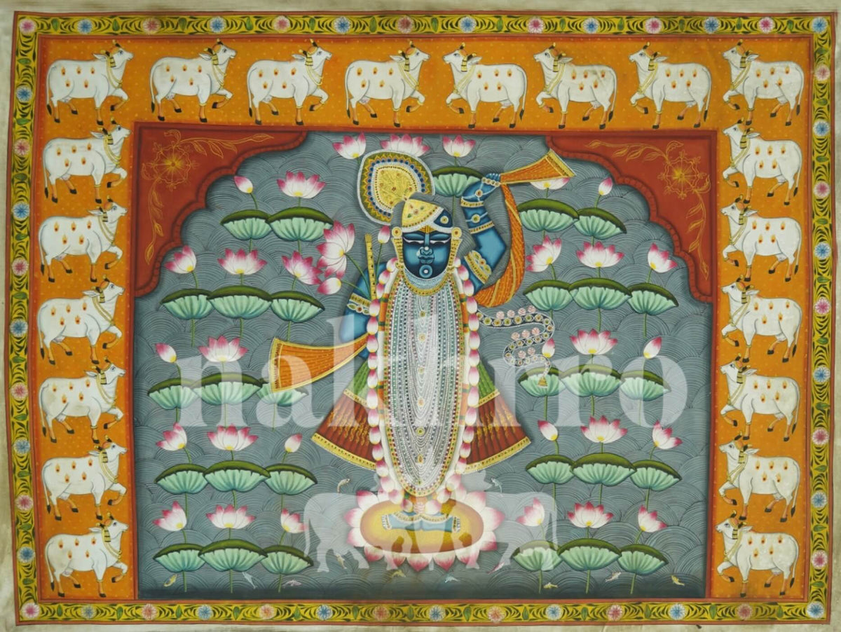 Original Shrinathji Pichwai – Hand-Painted on Cotton Cloth | Lotus Bloom with Cow Border