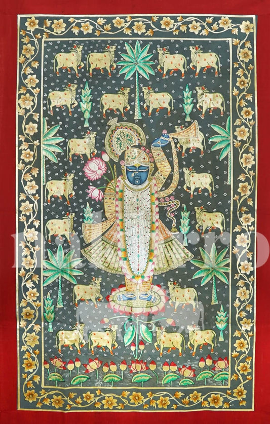 Original Shrinathji Pichwai – Hand-Painted on Cotton Cloth | Cows, Lotus & Floral Border on Deep Grey