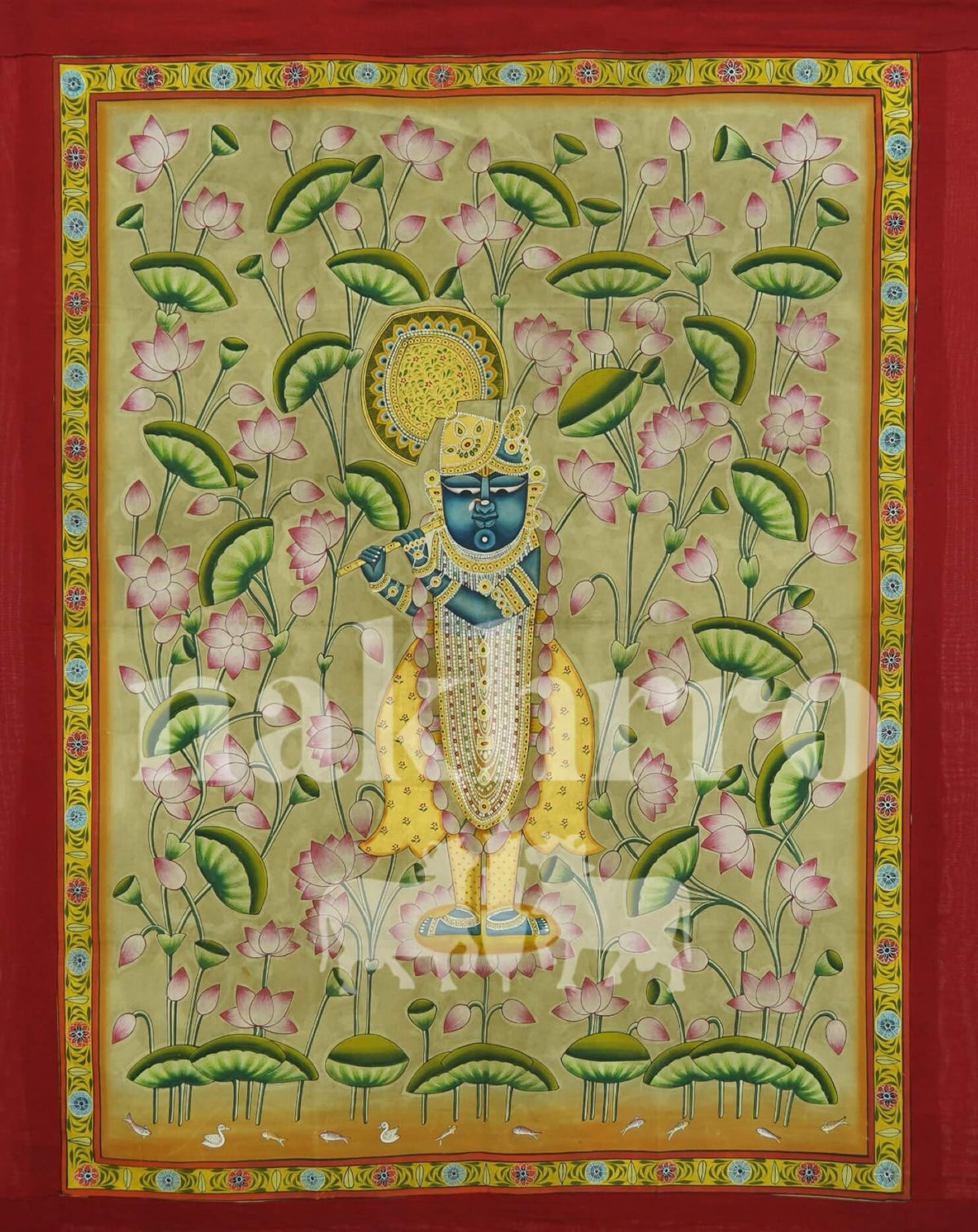 Original Shrinathji Pichwai – Hand-Painted on Cotton Cloth | Lotus Garden in Pastel Green (3x4 ft)