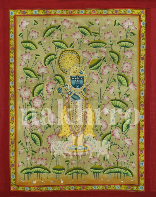Original Shrinathji Pichwai – Hand-Painted on Cotton Cloth | Lotus Garden in Pastel Green (3x4 ft)