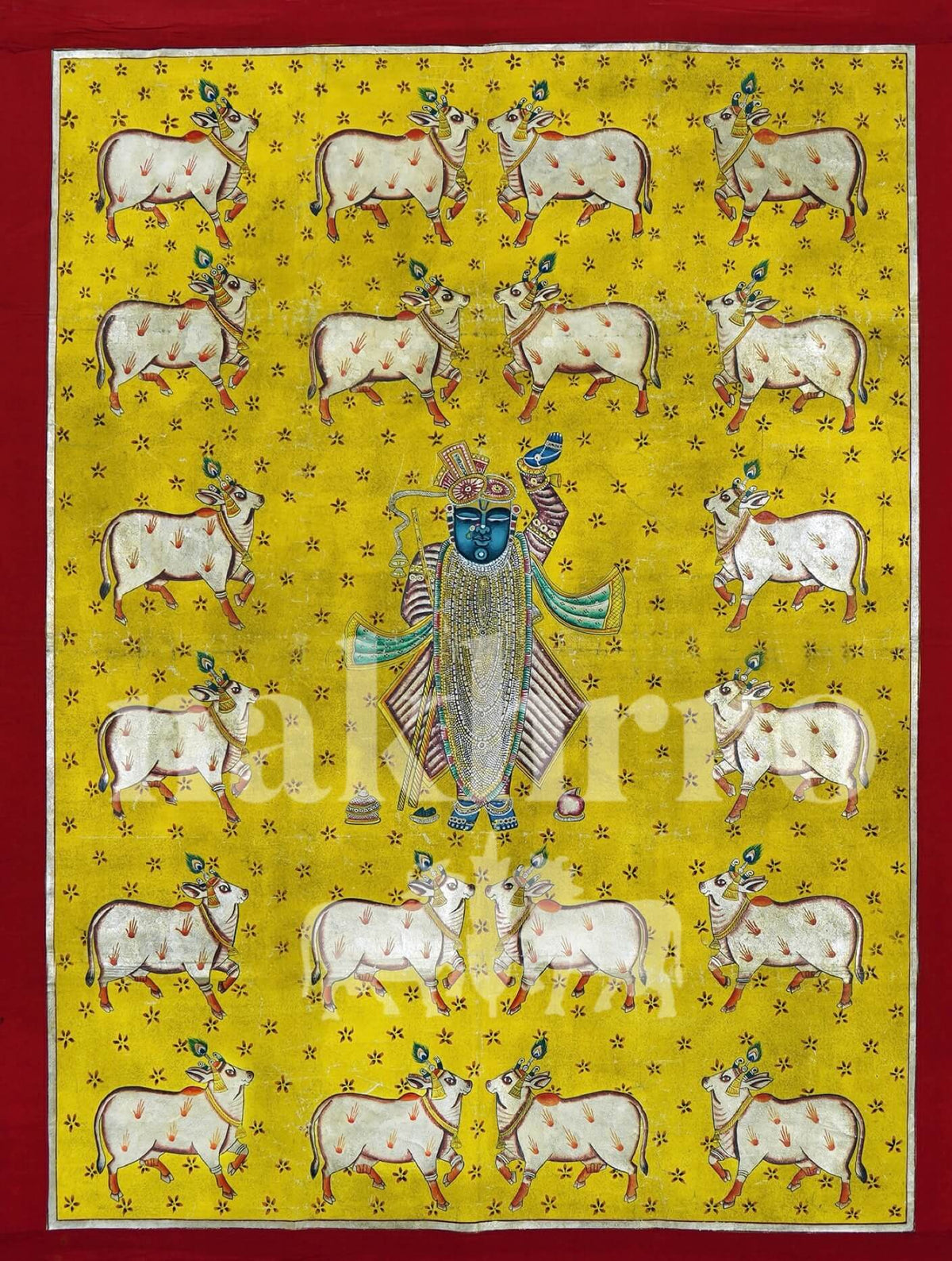 Original Shrinathji Pichwai – Hand-Painted on Cotton Cloth | Kamdhenu Cow on Mustard