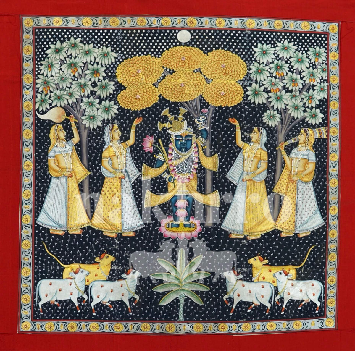 Original Shrinathji Pichwai – Hand-Painted on Cotton Cloth | Gopis, Trees & Night Sky (3.5x3.5 ft) - Nakhrro
