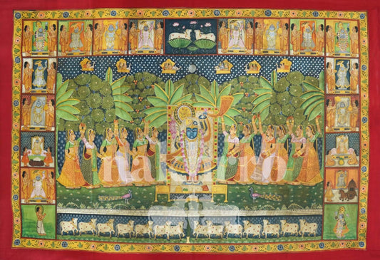Hand-Painted Sharad Purnima Raas Pichwai | Full Moon Night | Natural Pigment Art on Cotton Cloth