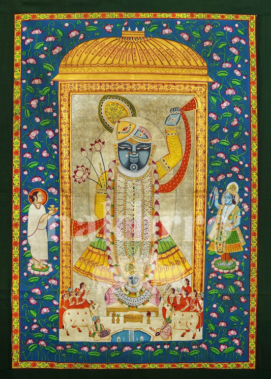 Hand-Painted Shrinathji Pichwai | Thakurji in Sone Ka Bangla | 6x4 ft Original Artwork