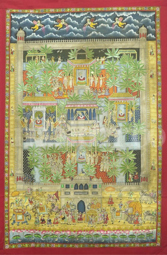 Lal Bagh Ka Utsav Pichwai – 6x4 ft hand-painted on cotton cloth with miniature detailing and real gold leaf work


