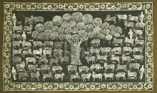 Tree of Life (Kalpavriksha) Pichwai with Kamdhenu cows, hand-painted in Deccan style using real aged silver leaf on black cotton cloth, 3x5 ft