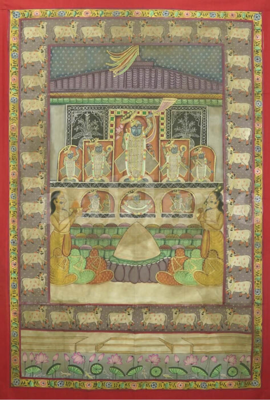 Annakut Pichwai featuring Shrinathji with food offerings and cows, hand-painted 6x4 ft original on cotton cloth