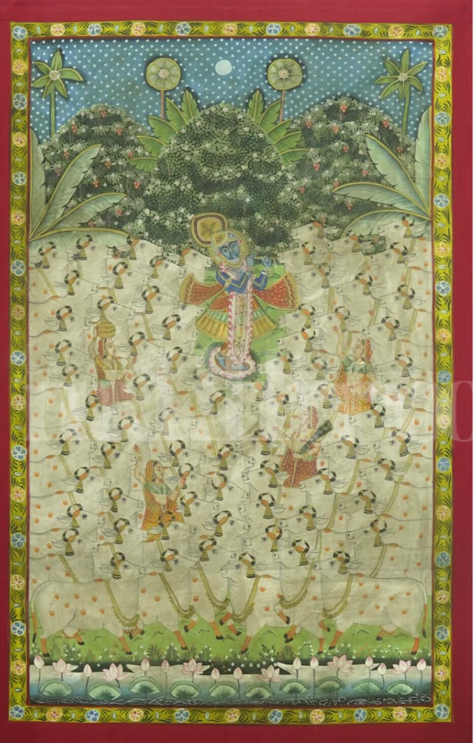 Krishna with Kamdhenu Cows Pichwai | 6x4 ft Hand-Painted Raas Leela Under Full Moon