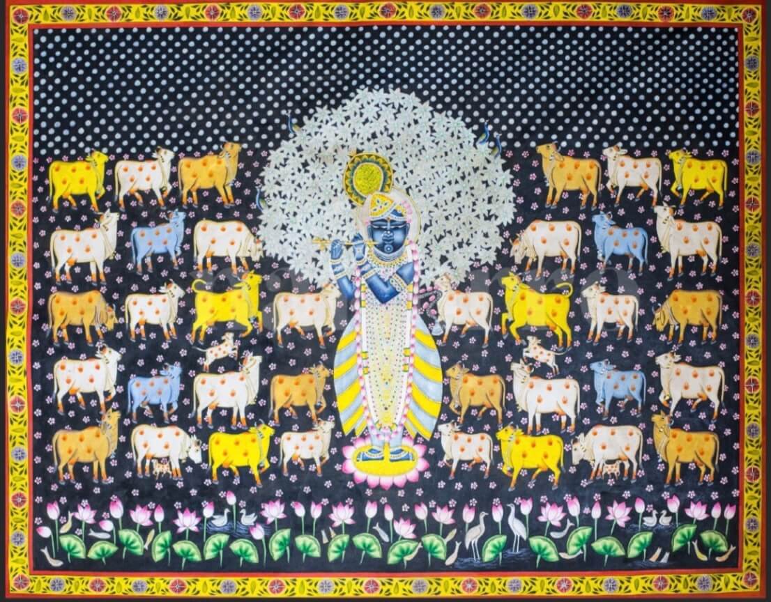 Hand-painted Krishna Pichwai with Kamdhenu cows on bold black background, 4x3 ft cotton cloth original with lotus detailing