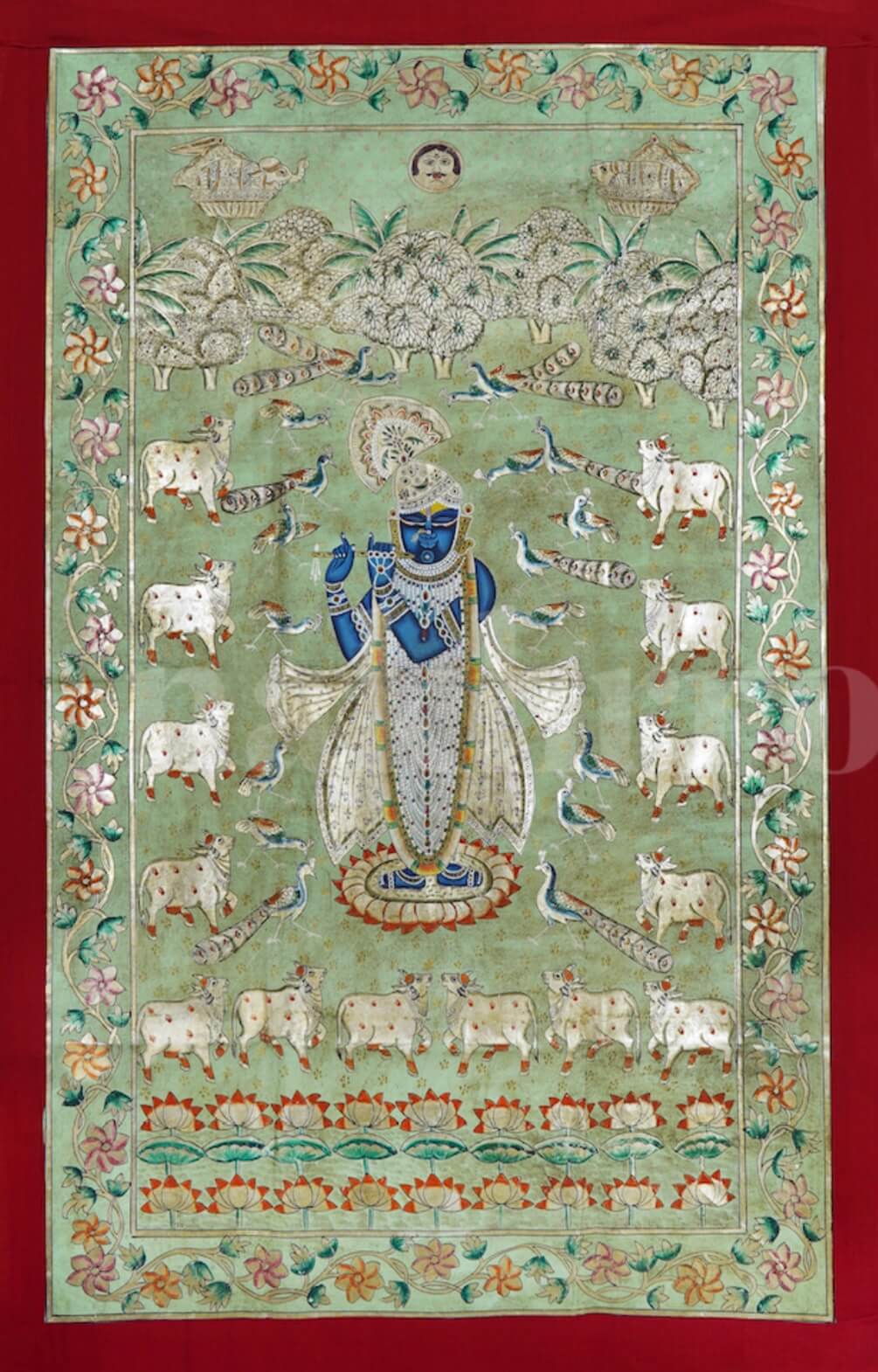 Pastel Sage Green Shrinathji Pichwai | 3x5 ft Hand-Painted Original with Real Silver Leaf