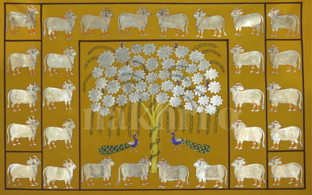 Tree of Life Pichwai | 3x4 ft Hand-Painted with Real Silver Leaf on Mustard Ochre