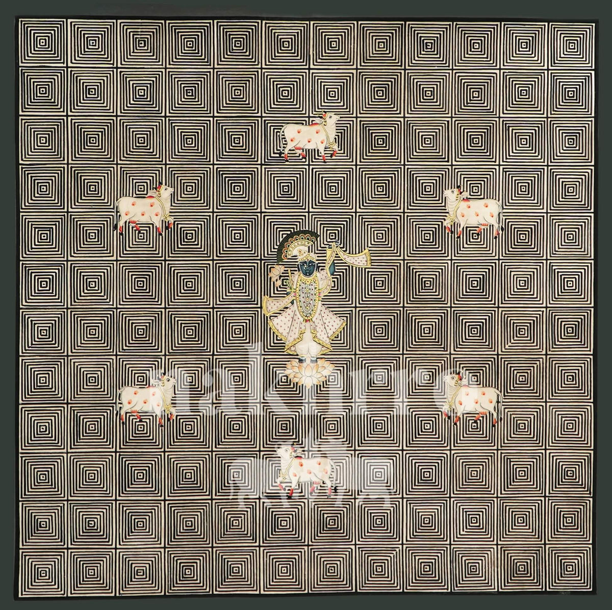 Hand-Painted Krishna Pichwai on Cloth – Geometric Design with Cows (2x2 ft) - Nakhrro