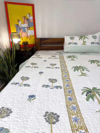 Pastel Green Gaj Palm Jaal Quilted Bedcover - Nakhrro