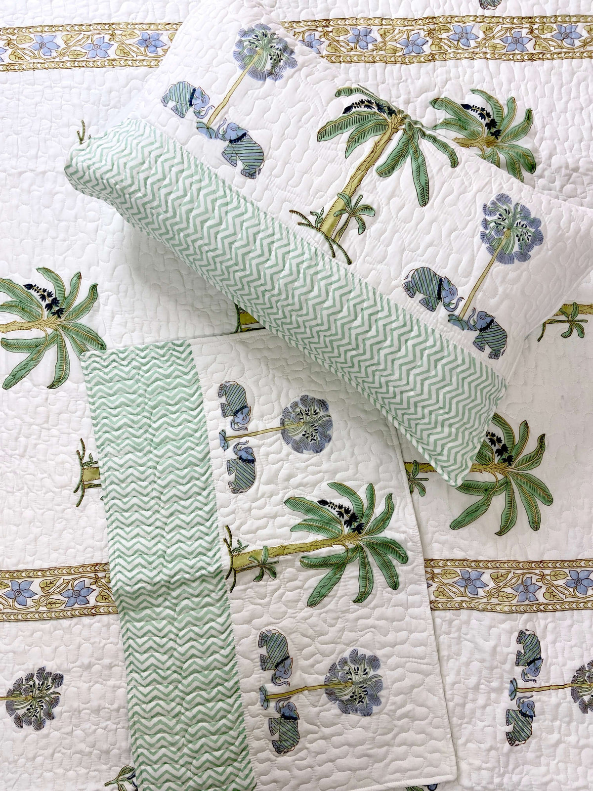 Pastel Green Gaj Palm Jaal Quilted Bedcover - Nakhrro