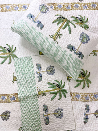 Pastel Green Gaj Palm Jaal Quilted Bedcover - Nakhrro