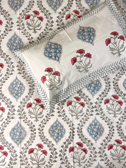 Floral Jaal Percale Hand Block Cotton King Bedsheet - Nakhrro