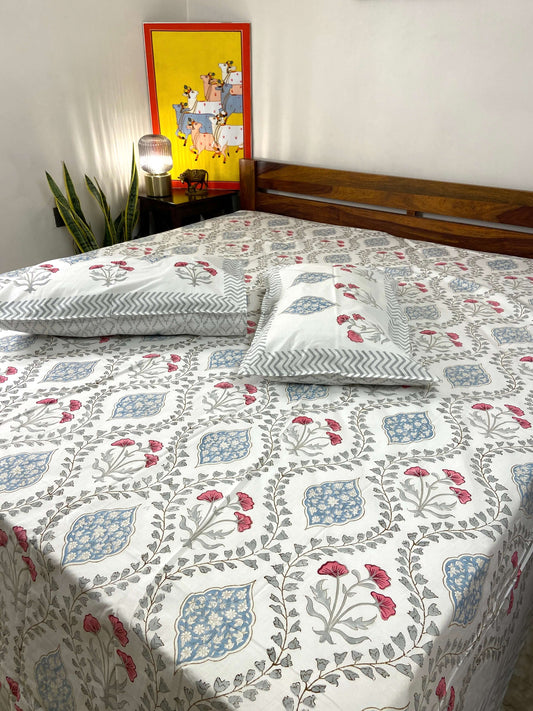 Floral Jaal Percale Hand Block Cotton King Bedsheet - Nakhrro