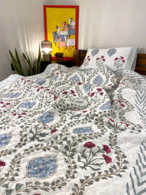 Pastel Grey Blue Floral Organic Mul Cotton Single Bed Quilt - Nakhrro